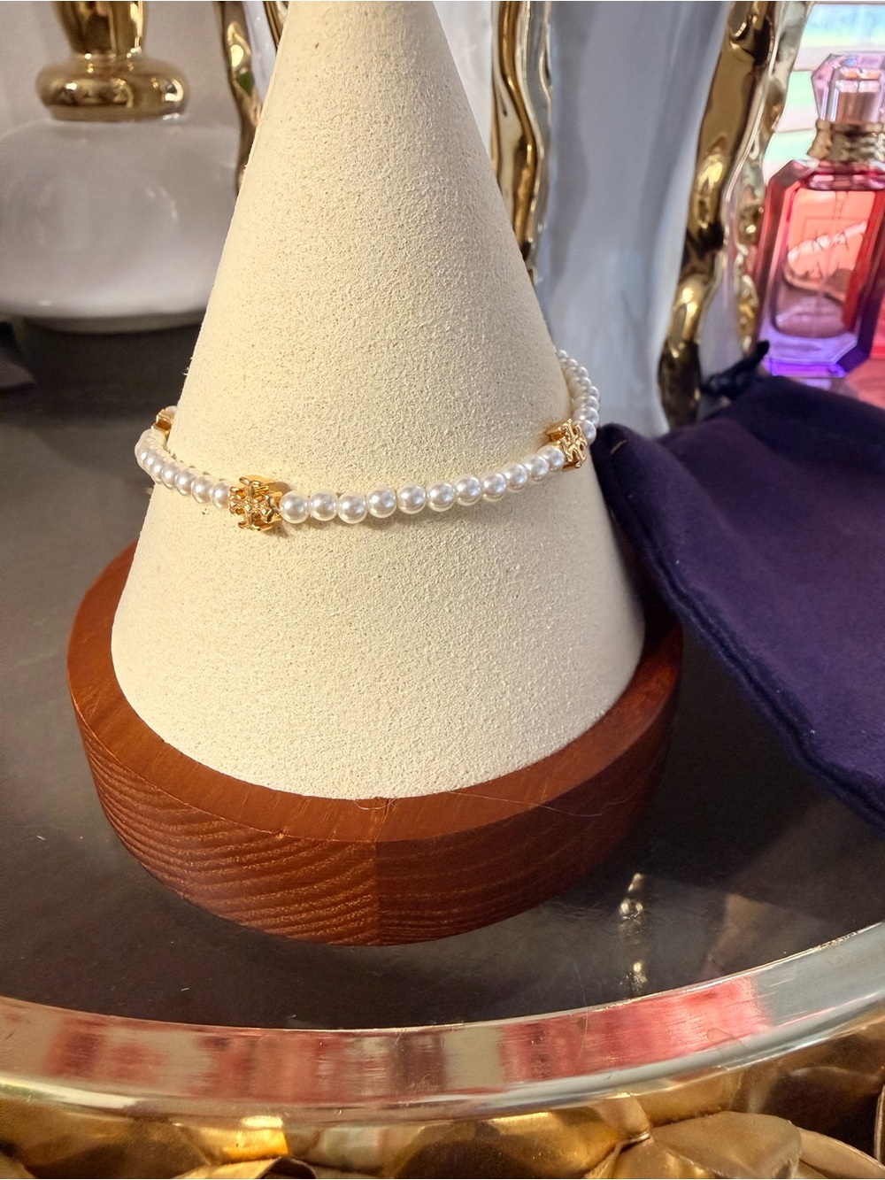 Tory Burch White Pearl and Gold-Tone Logo Bracelet